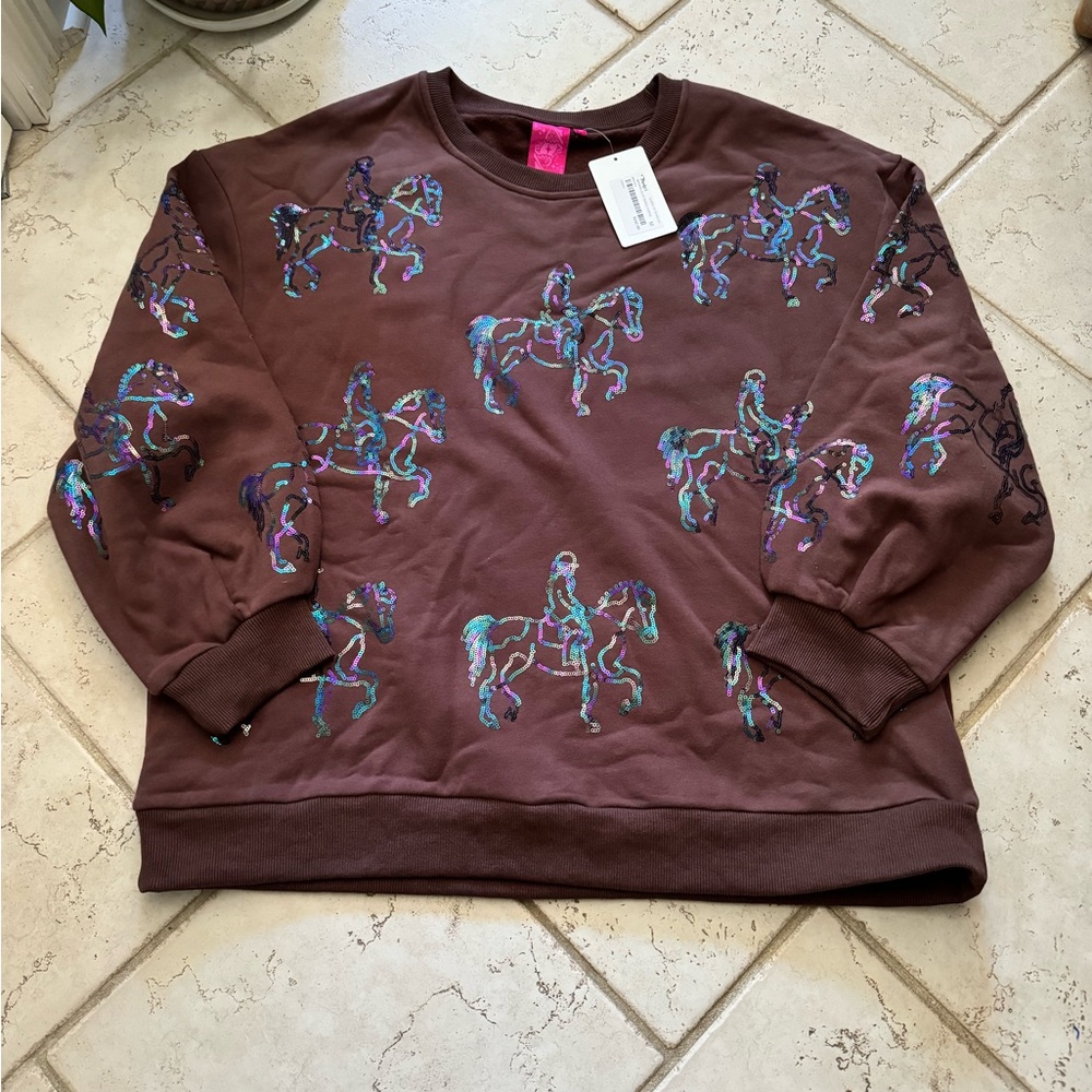 Queen of sparkles, brown scattered horse rider sweater